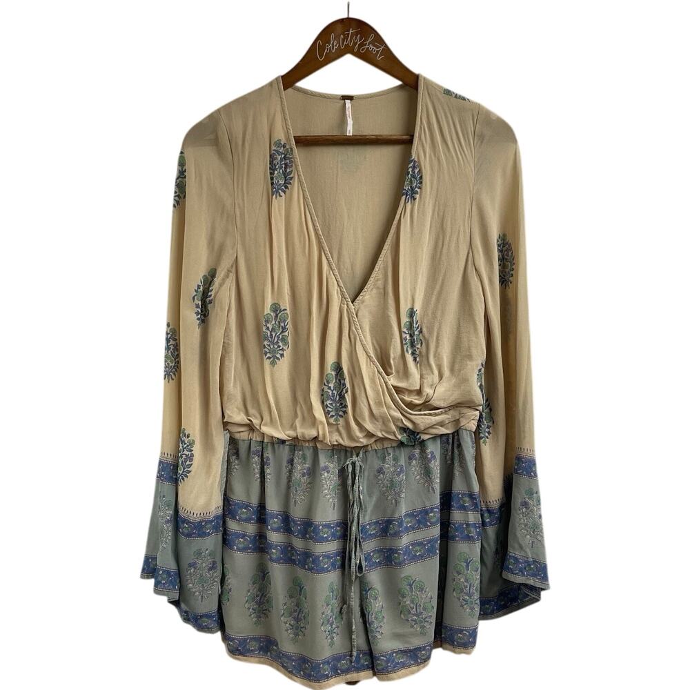 Free People Janpath Printed Romper Long Sleeve Wrap Front Small